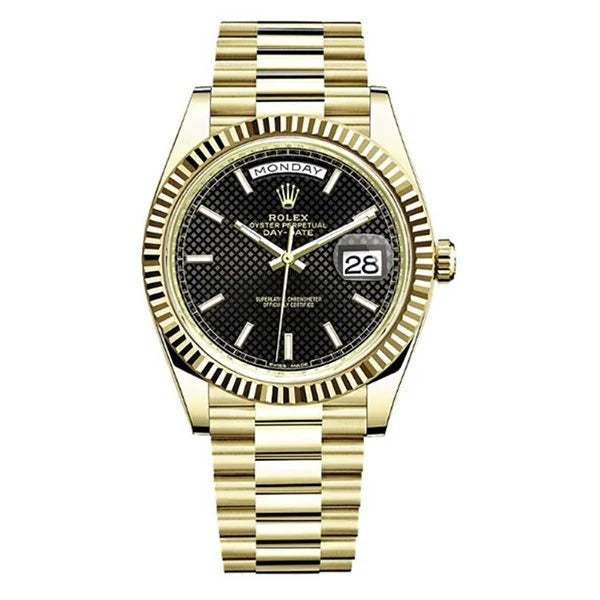 Rolex Day-Date 40mm 18kt Yellow Gold Black Diagonal Motif Watch