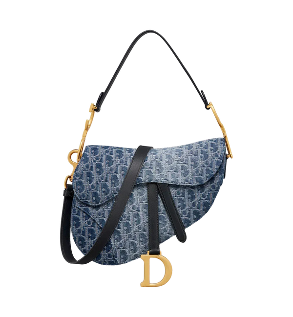 Blue Denim Oblique Jacquard Saddle Bag With Adjustable Shoulder Strap