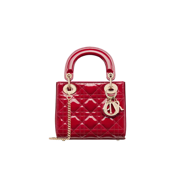 Mini Lady Dior Cannage Patent Calfskin Handbag in Cherry Red