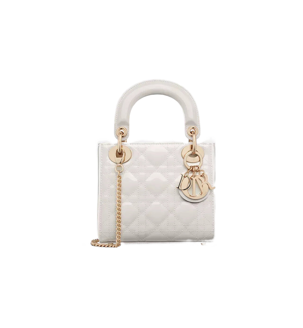 Elegant Mini Lady Dior Patent Cannage Calfskin Handbag Latte White