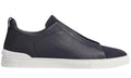 Zegna Leather and Suede Triple Stitch Navy Blue Luxury Sneakers