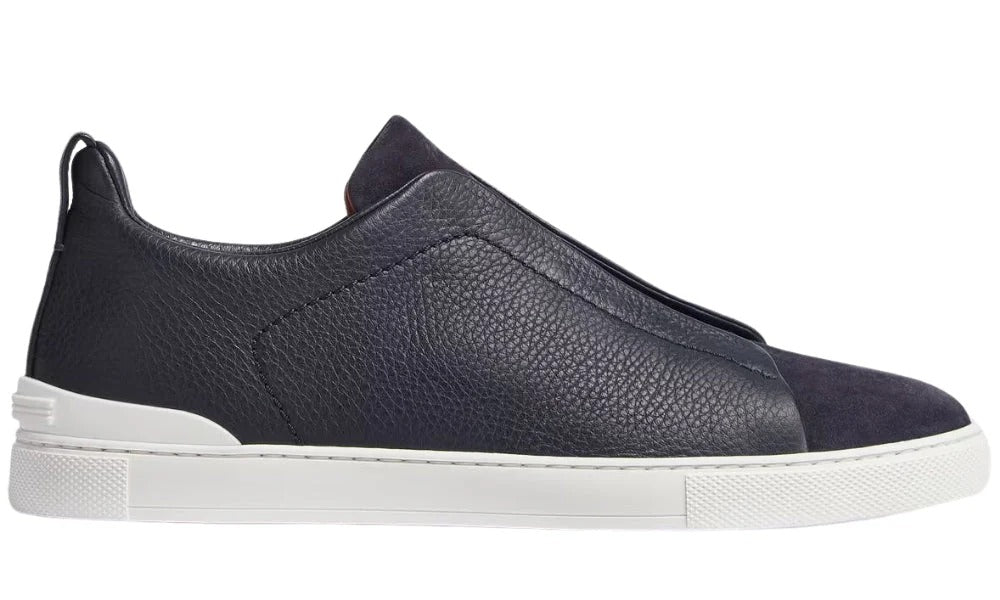 Zegna Leather and Suede Triple Stitch Navy Blue Luxury Sneakers