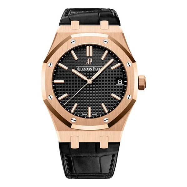 Audemars Piguet Royal Oak 41mm Rose Gold Black Leather Watch