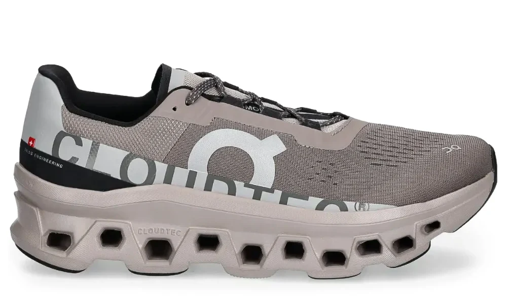 On Running Cloudmonster Taupe Grey Breathable Mesh Sneakers with Helion Foam