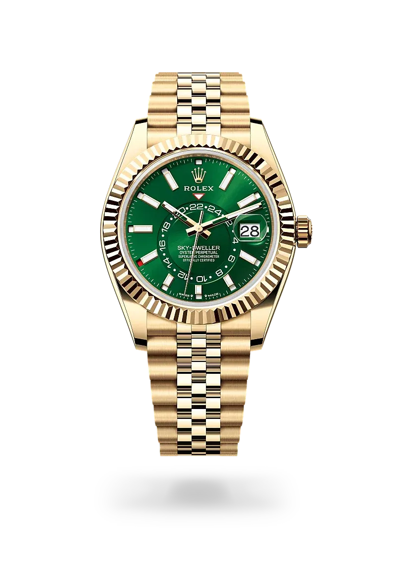 Rolex Sky-Dweller 42mm Yellow Gold Green Dial Jubilee Watch