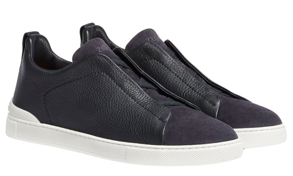 Zegna Leather and Suede Triple Stitch Navy Blue Luxury Sneakers
