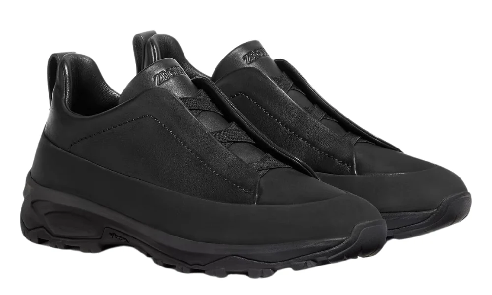 Zegna Monte Triple Stitch Leather Slip On Sneakers Black