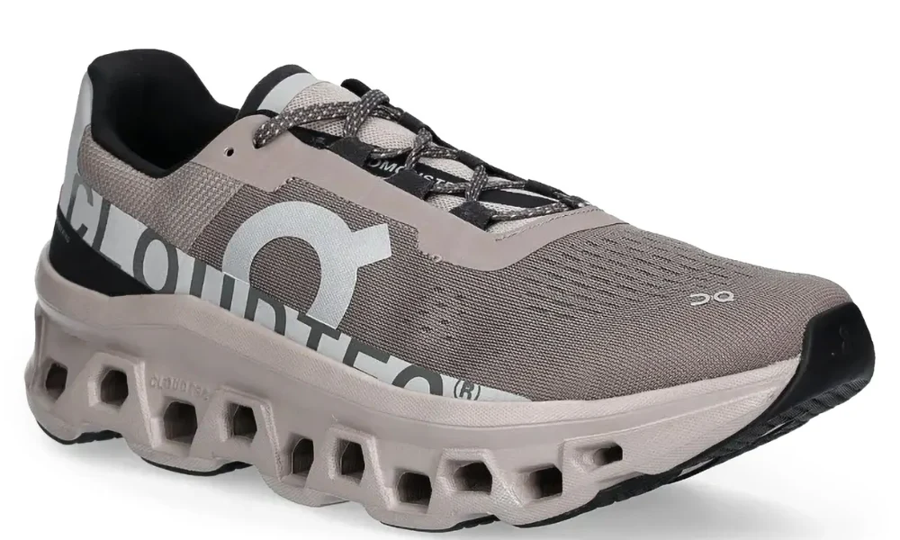 On Running Cloudmonster Taupe Grey Breathable Mesh Sneakers with Helion Foam