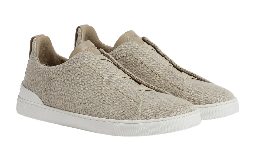 Zegna Light Beige Cotton Linen and Leather Triple Stitch Sneakers