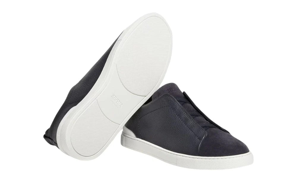 Zegna Leather and Suede Triple Stitch Navy Blue Luxury Sneakers