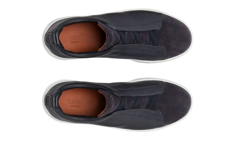Zegna Leather and Suede Triple Stitch Navy Blue Luxury Sneakers