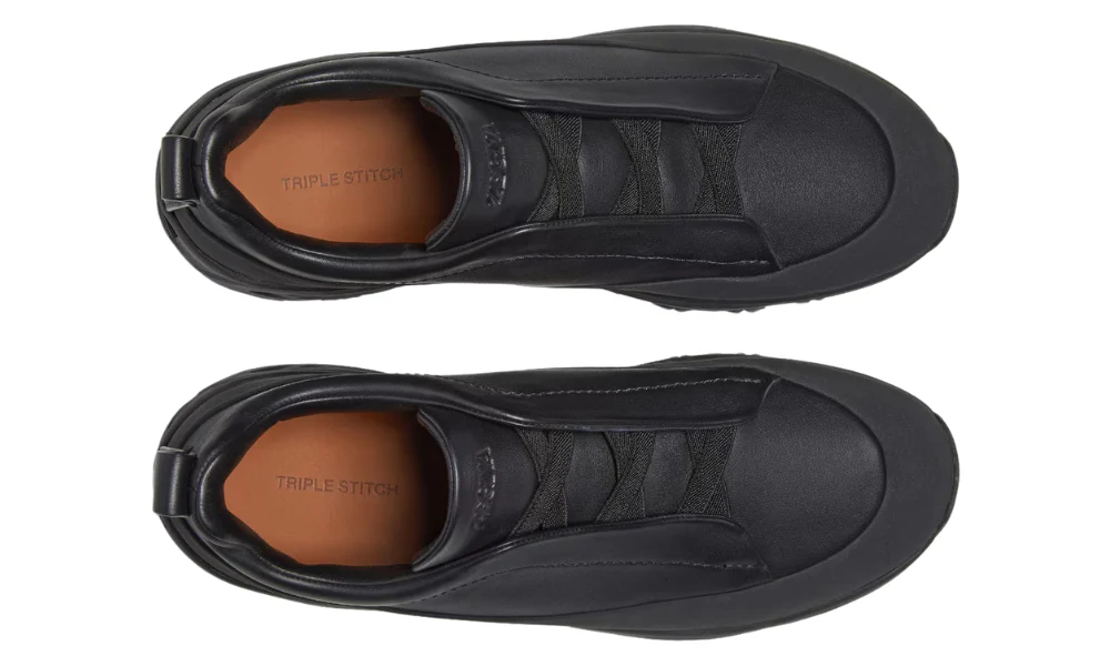 Zegna Monte Triple Stitch Leather Slip On Sneakers Black
