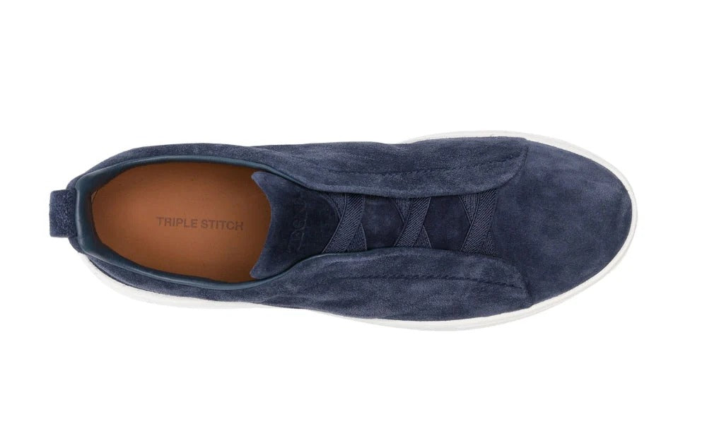 Zegna Triple Stitch Suede Sneakers in Workwear Blue Calfskin